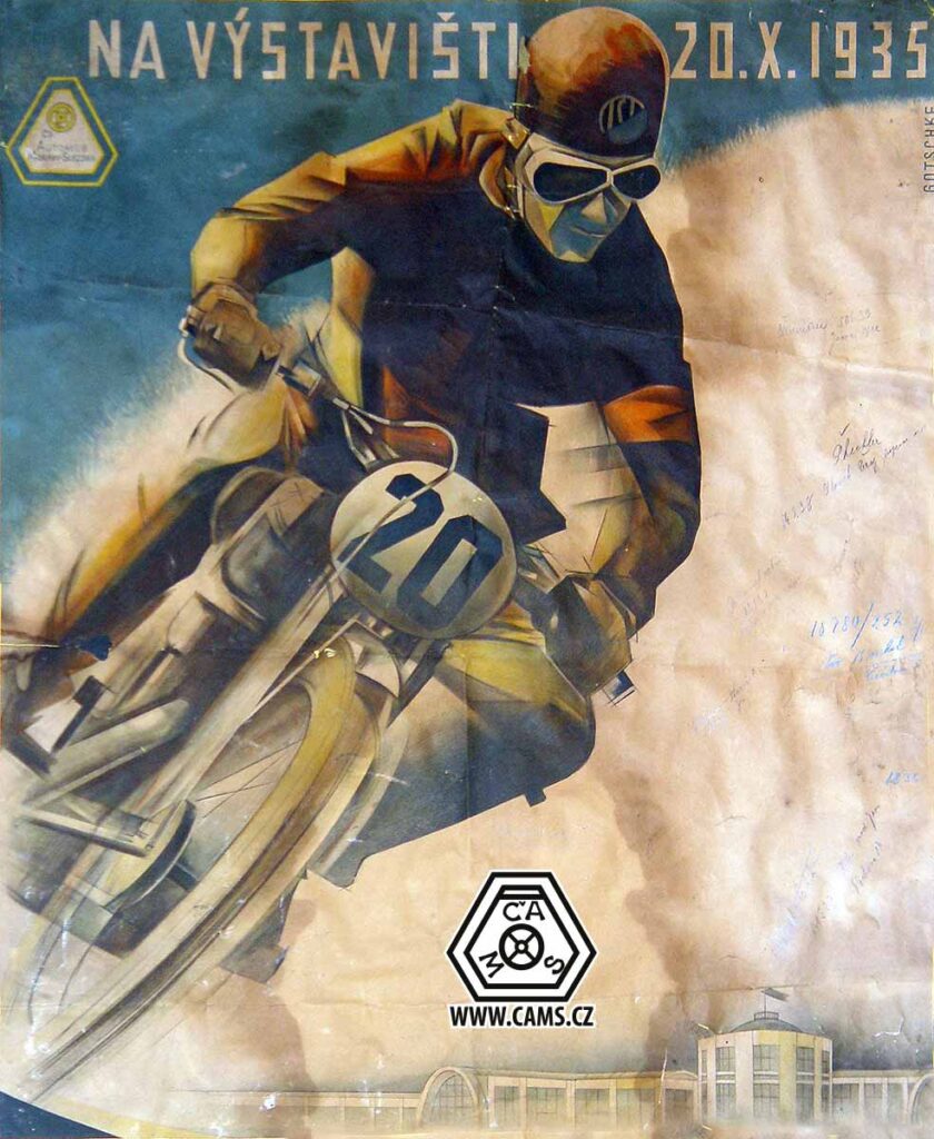 V říjnu 1935 organizoval ČAMS motocyklové závody na brněnském výstavišti. Plakát namaloval slavný ilustrátor Walter Gotschke